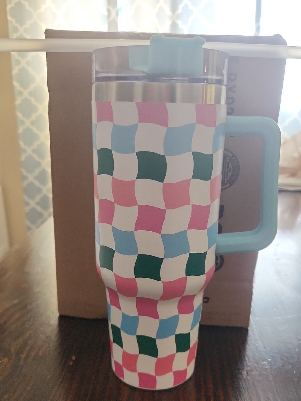 Colorful Checkered Travel Tumbler with Handle - Pink, Blue, Green, White